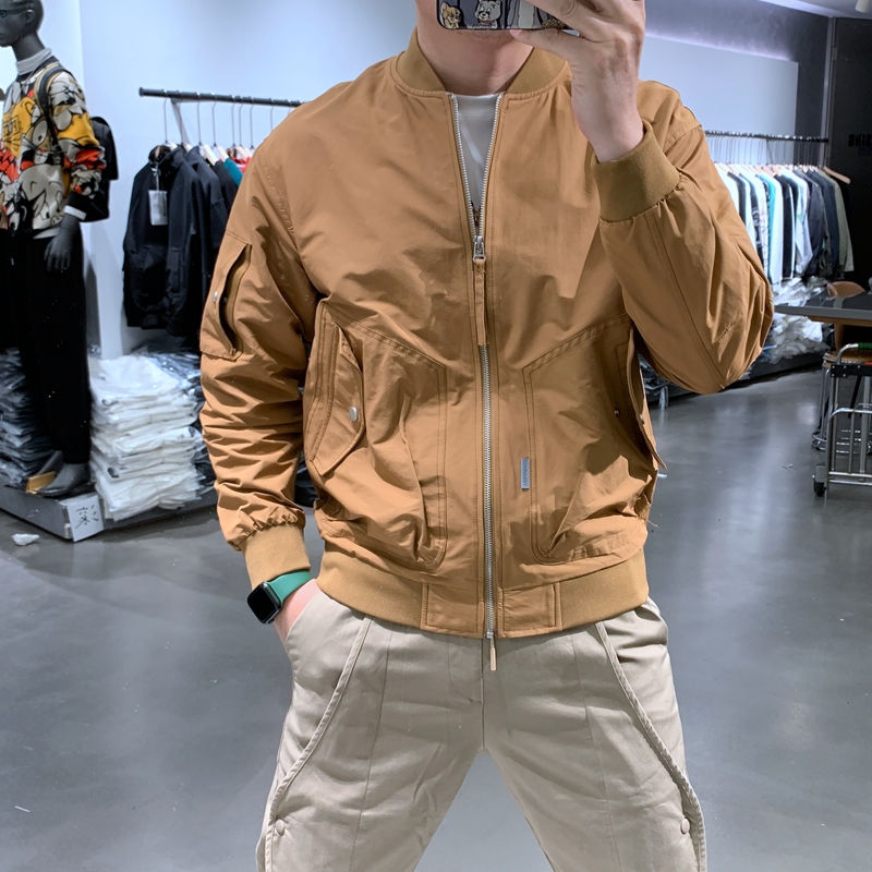 纯色休闲工装夹克男春秋多口袋美式飞行员外套男宽松青少年棒球服