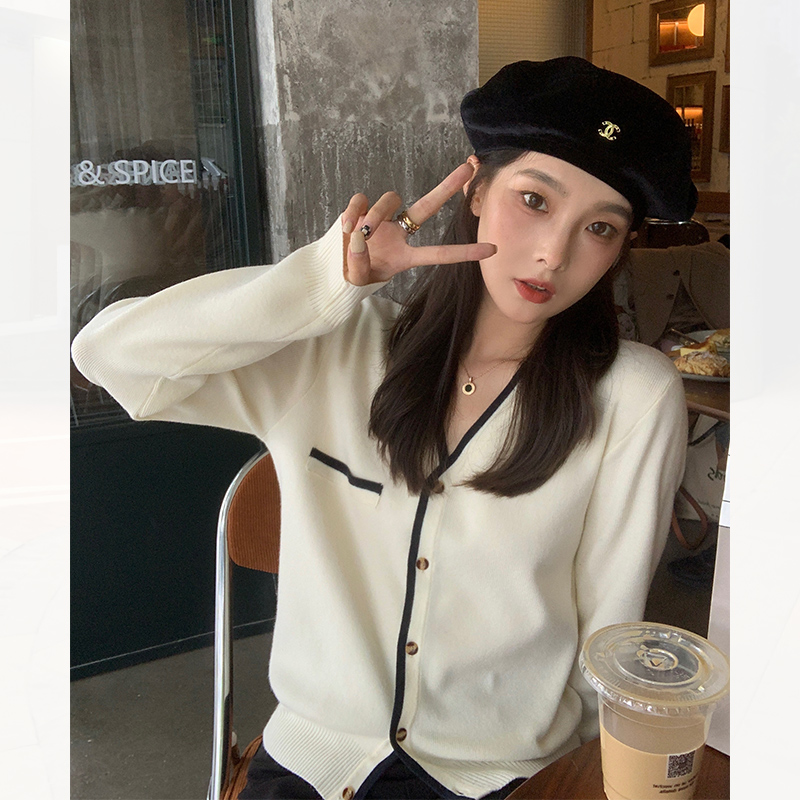 大花媛【在校生】初秋V领撞色学院风毛针织衫女薄款毛衣开衫外套