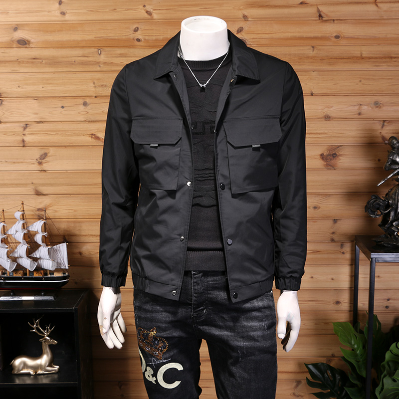 青年男士翻领休闲夹克男春秋薄款外套黑色简约大口袋男士夹克衫潮