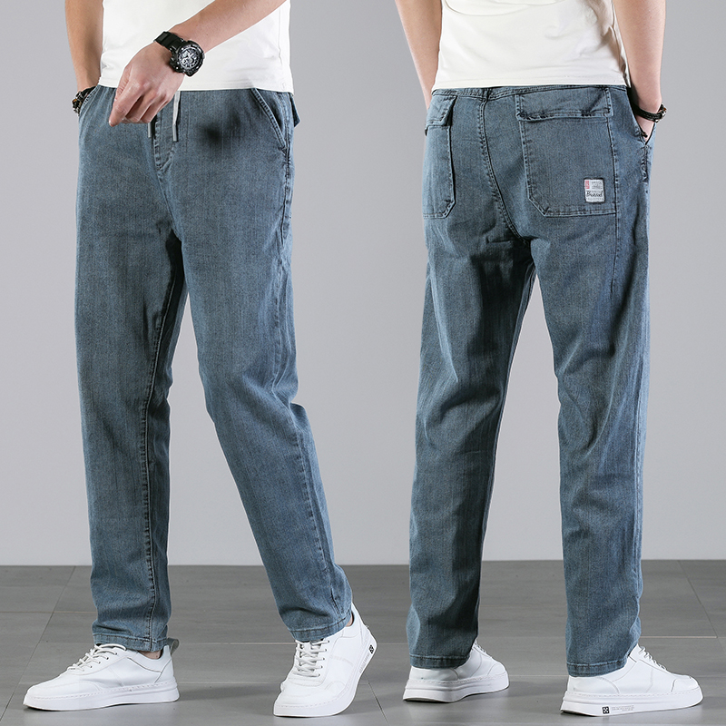 夏季浅色牛仔裤男直筒宽松韩版潮牌松紧腰休闲百搭裤子长裤时尚款