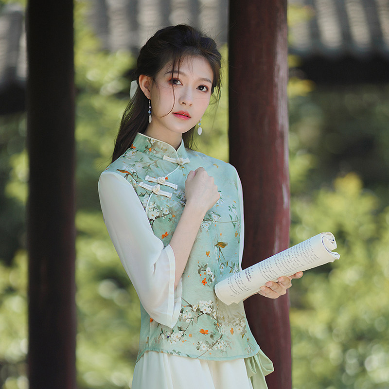 2022夏季国风印花少女旗袍上衣 日常中式复古民国风唐装女两件套