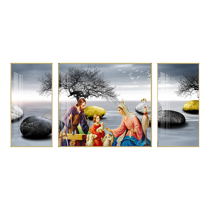 天主教客厅挂画圣家三口三联画北欧风简约小清新现代装饰画