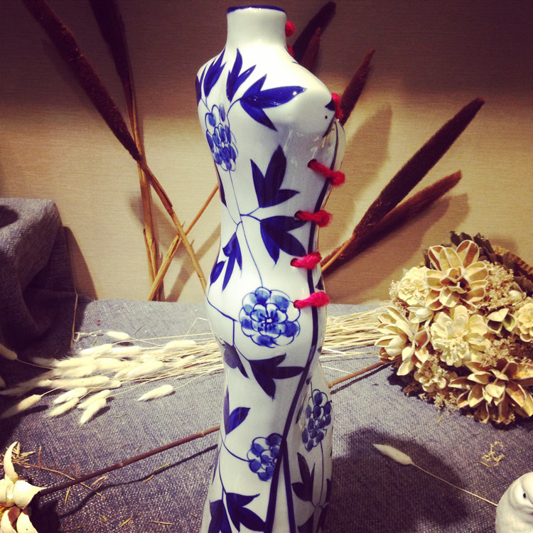 手绘旗袍花瓶手工中式古典创意女人瓷器青花瓷花瓶