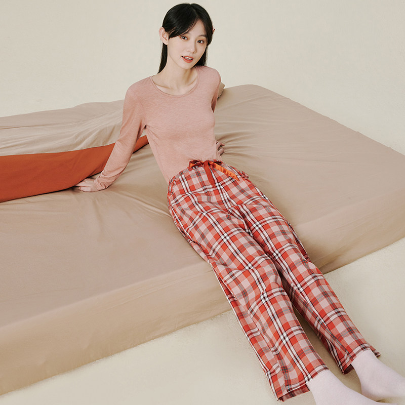 三枪女士睡裤纯棉秋季新品新疆棉柔软格纹可外穿休闲长裤女家居裤