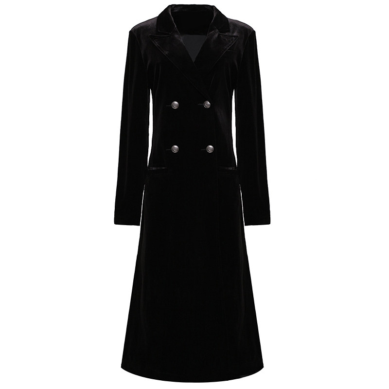lucc高端金丝绒黑色风衣过膝时尚气质双排大衣风衣