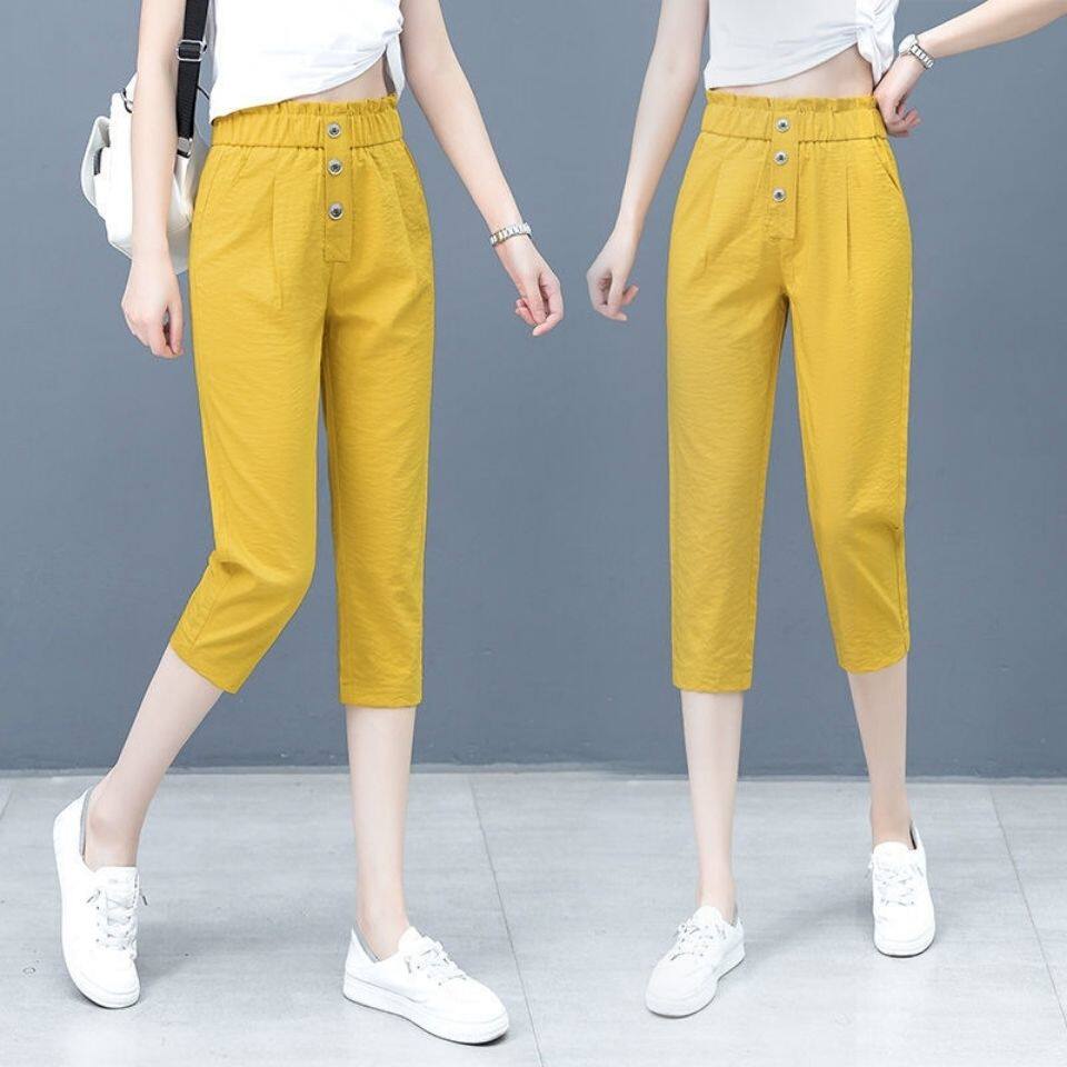 裤女竹节冰丝女士中裤休闲女裤裤子薄款松紧休闲裤