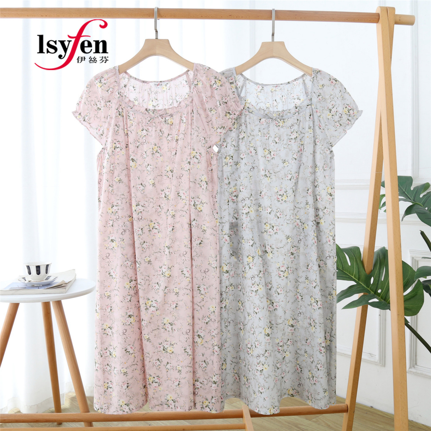 伊丝芬女士睡衣春夏新款纯棉60支印花短连字版型睡衣