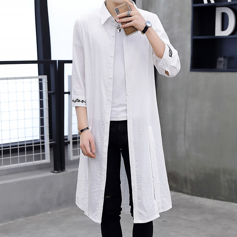 男士长款衬衫男韩版潮流夏季学生生长过膝衬衣衬衫