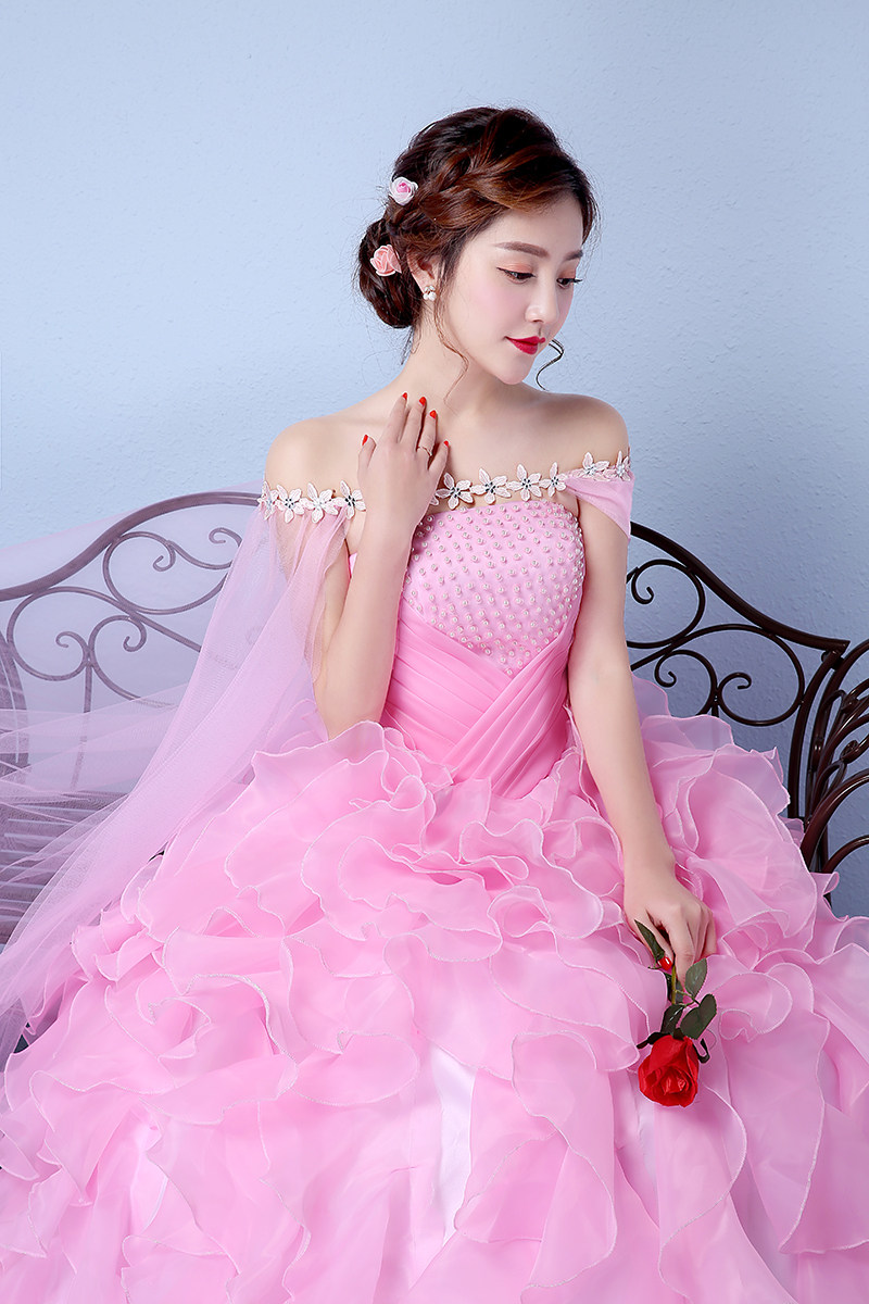 韩式粉色婚纱礼服新娘结婚主持礼服晚宴敬酒婚纱婚纱