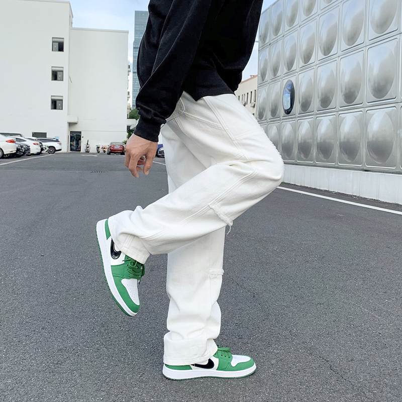 白色高级感牛仔裤夏季宽松直筒ins潮牌hiphop炸街裤子男痞帅长裤