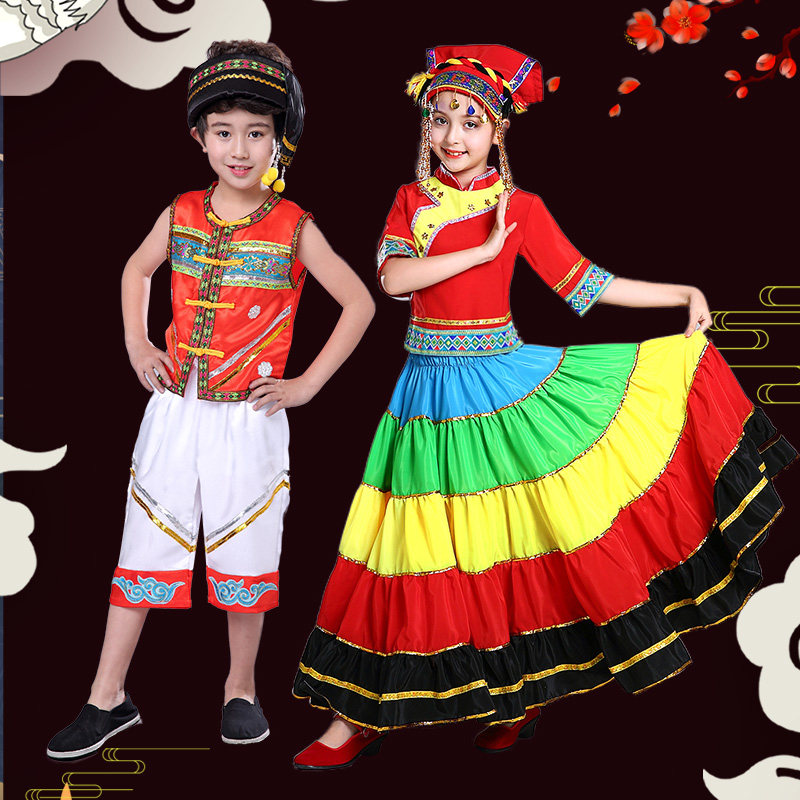 儿童彝族七月火把节服装大凉山节日舞蹈表演服饰少数民族大摆裙