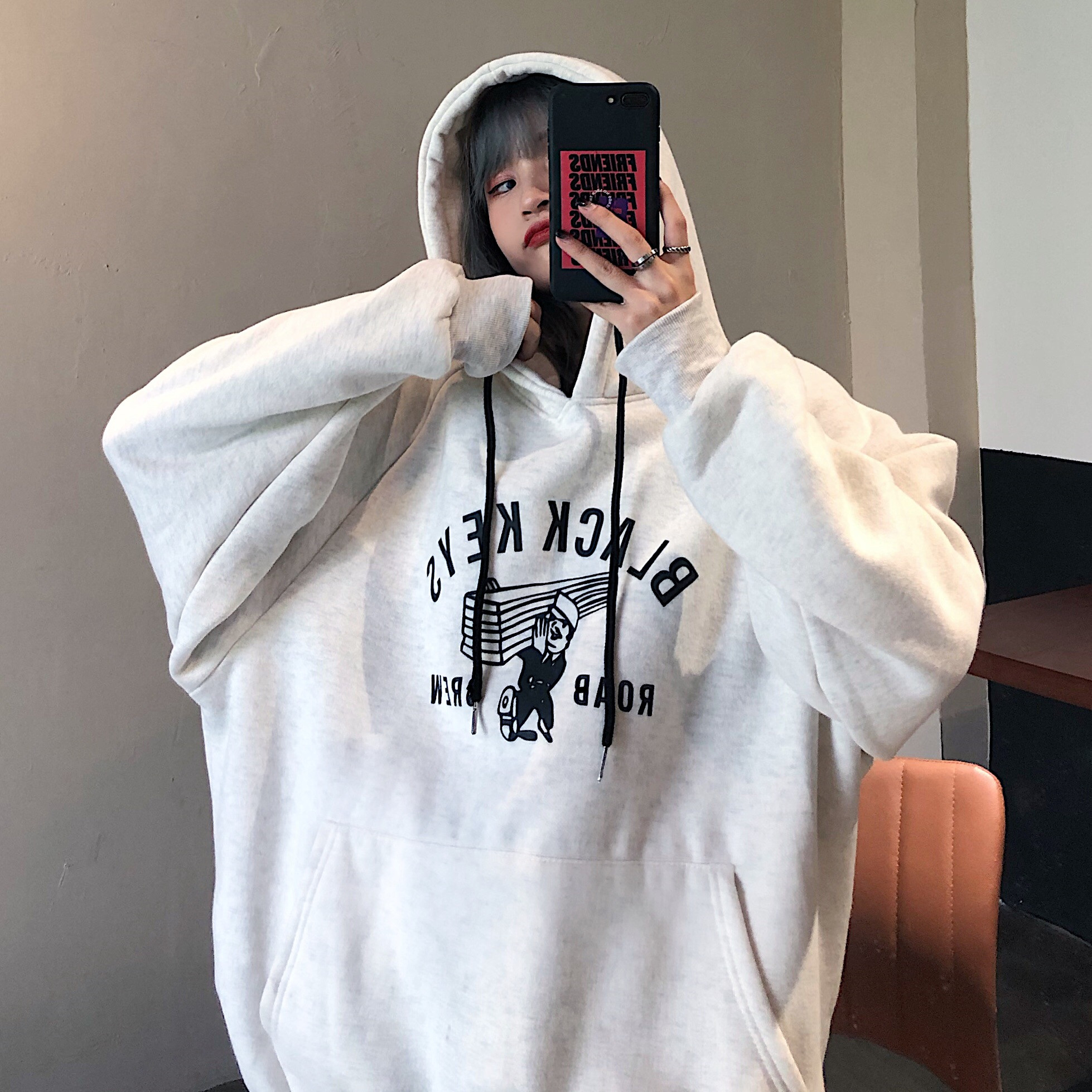 港味加绒加厚卫衣女潮ins秋冬2021新款爆款宽松bf慵懒风连帽外套