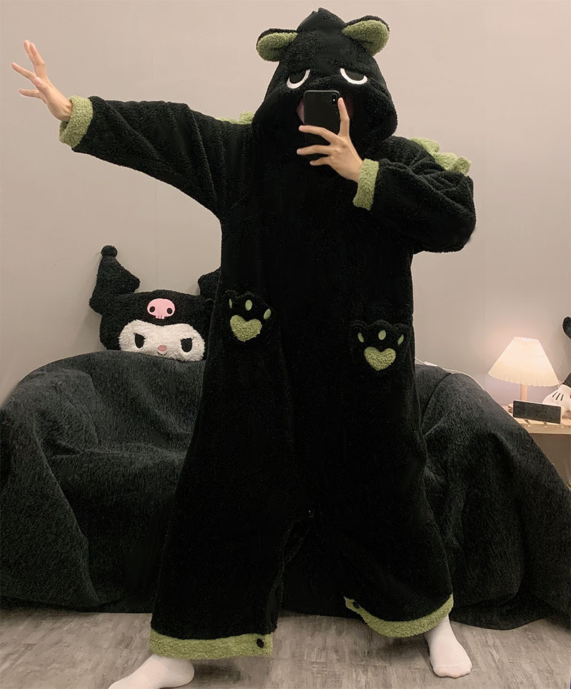 恐龙连体睡衣秋冬季珊瑚瑚绒睡裙加绒加厚可爱睡衣