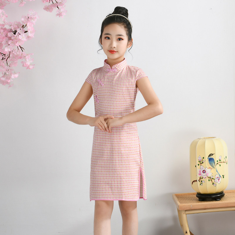 女童旗袍夏季中国国风格子薄款裙子唐装儿童旗袍