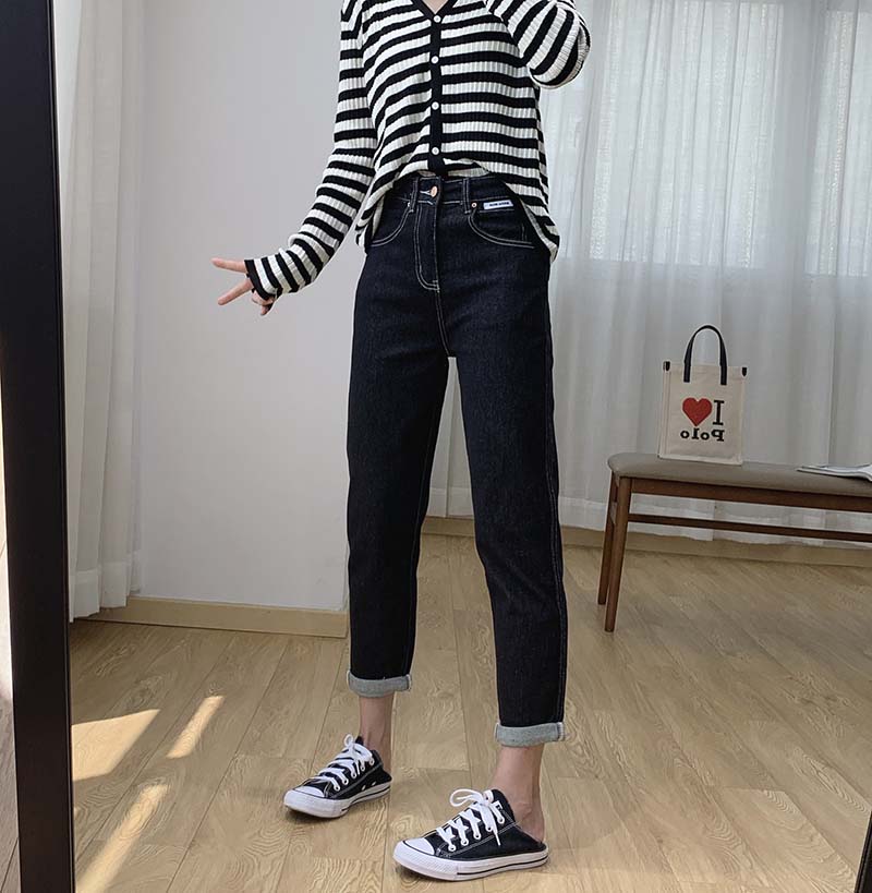 冬季防掉色黑色加绒牛仔裤女秋冬显瘦萝卜裤高腰哈伦裤加厚裤子冬