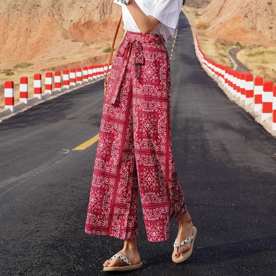波西米亚沙滩裤长裤川西旅游穿搭高腰宽松阔腿裤花裤子女夏薄款潮 - 
