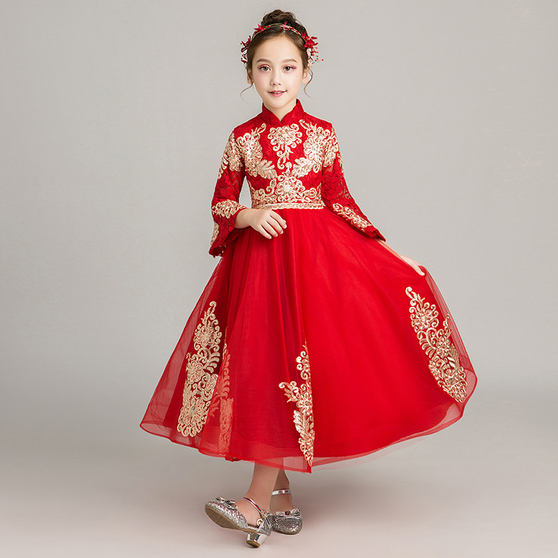 中国国风儿童长袖公主红色蓬蓬女童婚纱小女孩儿童礼服