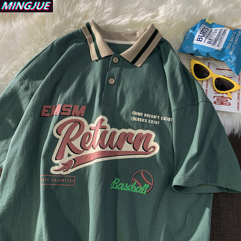 重磅美式Polo衫短袖男设计感小众复古墨绿色无性别t恤7七分袖夏季