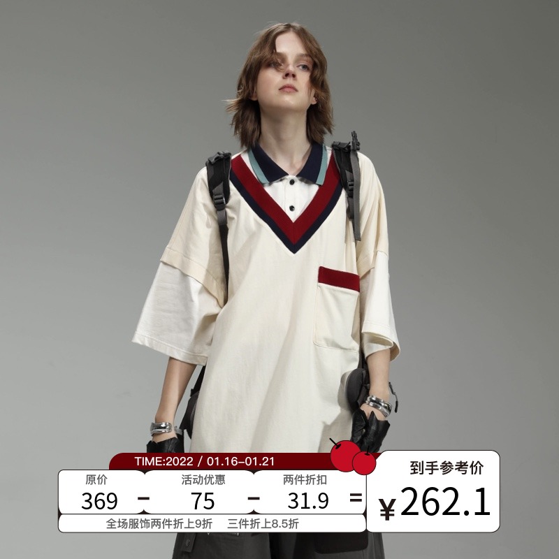UNVESNO 复古假两件V领学院风情侣宽松潮牌短袖POLO衫郑丹妮同款