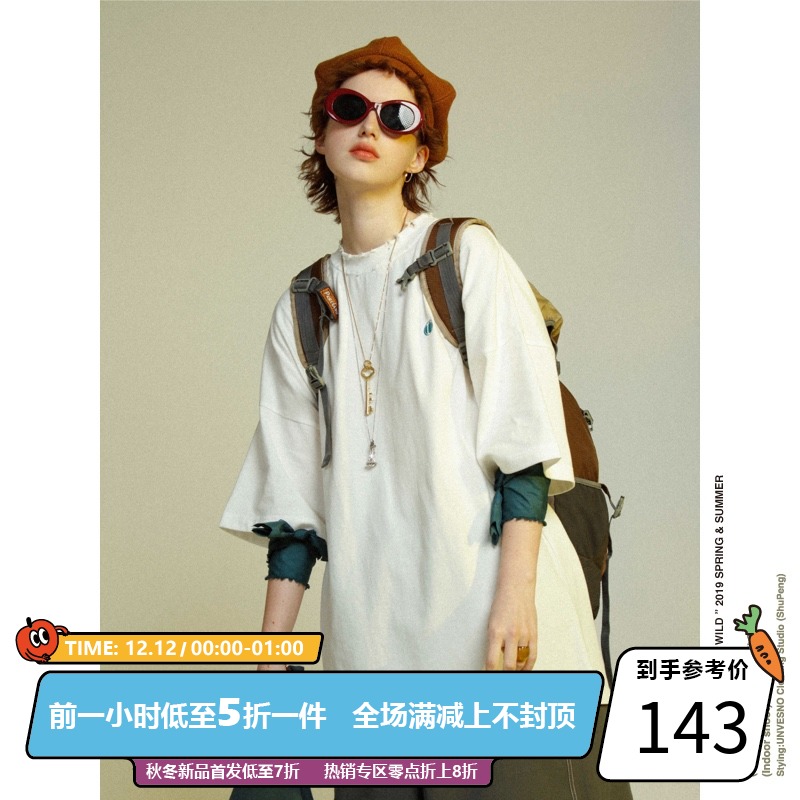 UNVESNO复古破洞潮牌嘻哈体恤衫日系休闲情侣装宽松打底衫短袖T恤