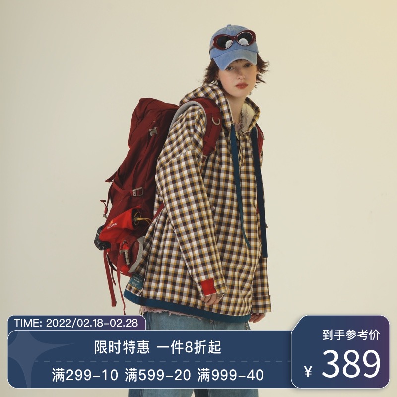 UNVESNO 原创冬季保暖格子羊羔绒两面穿潮牌套头风衣夹克棉外套男