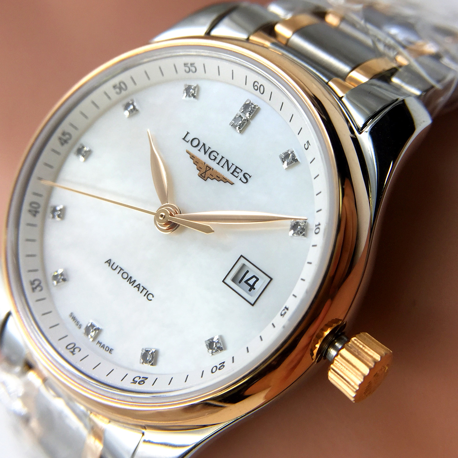 瑞士浪琴longines名匠玫瑰金女士机械间金钢带女表l2.257.5.89.