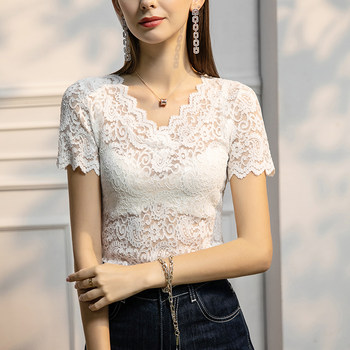 2024 Summer Lace Short Sleeve T-shirt Bottoming Shirt Women's V-neck Slim Fit Sexy Hollow Western Style Women's Versatile Small Shirt