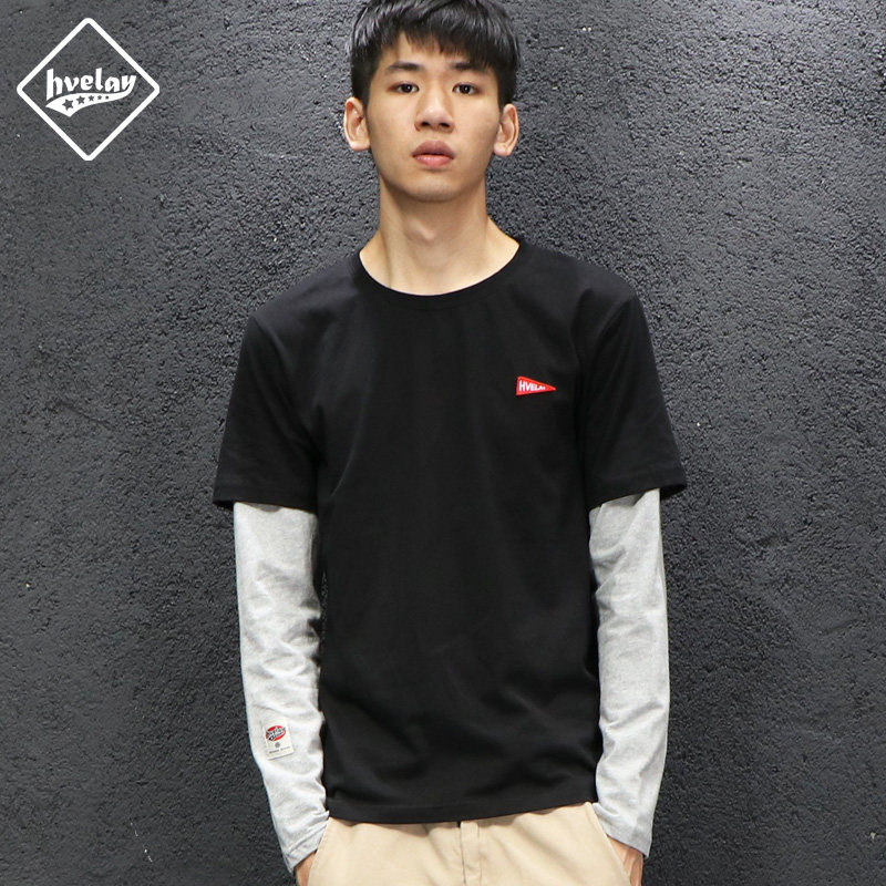 he潮牌假两件拼色长袖t恤男 日系宽松长t 青少年纯棉t恤