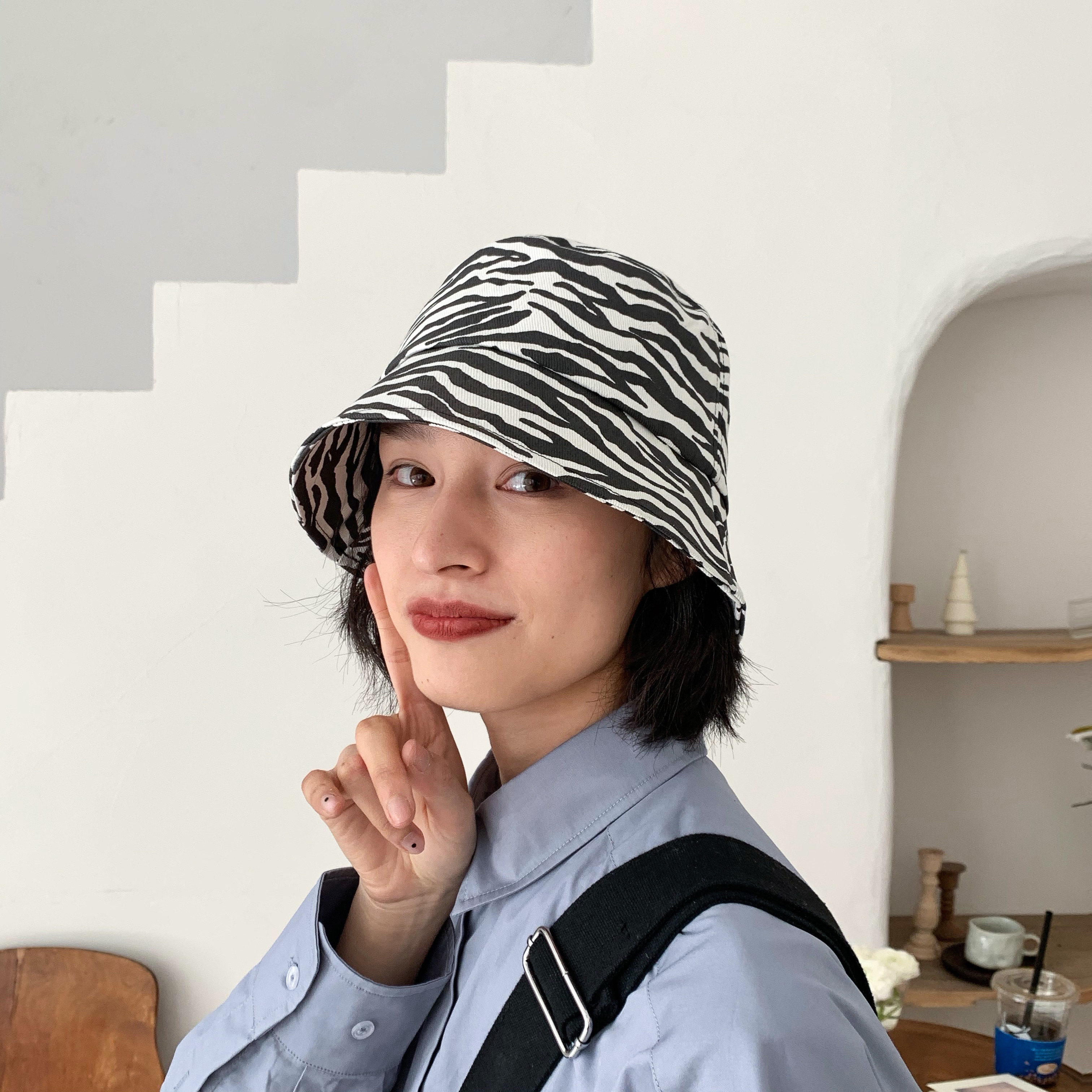 韩国摩登斑马渔夫帽女韩版时尚遮脸日系百搭帽子
