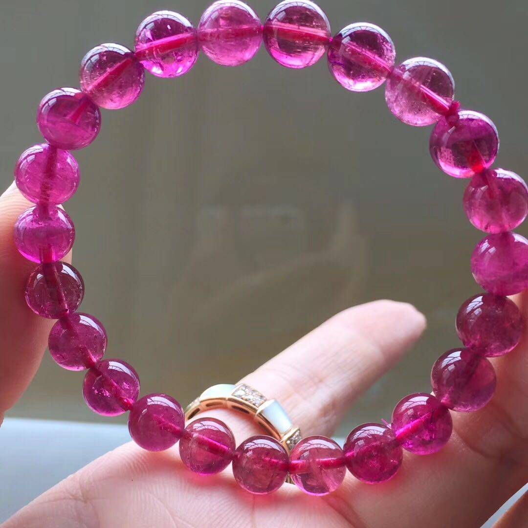 碧玺悦动天然桃红单圈手链8mm颜色好纯纯红手链