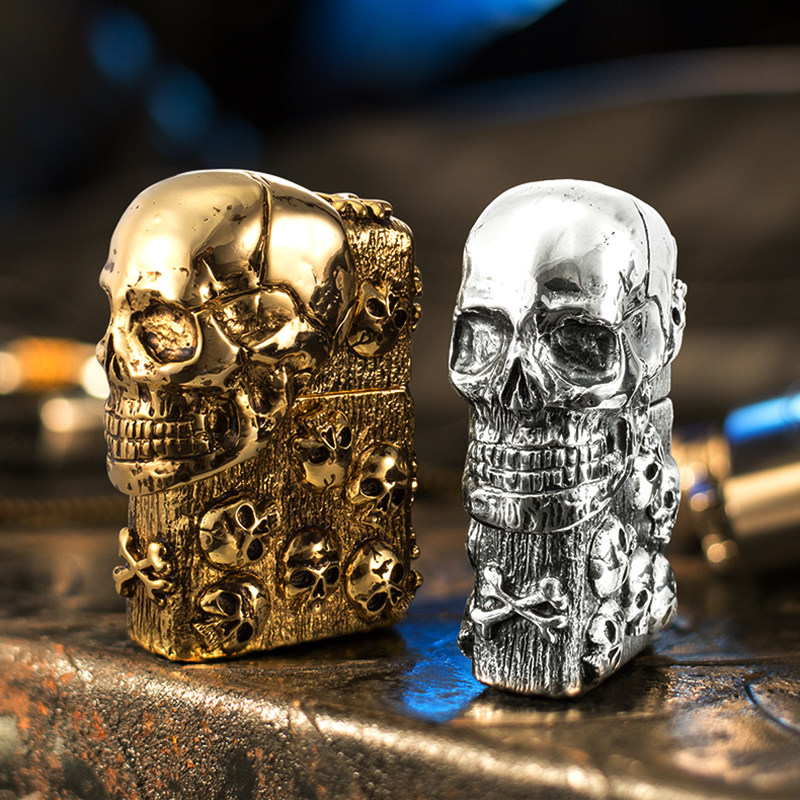 原装正版zippo防风打火机镀金骷髅头重盔甲机万恶zippo