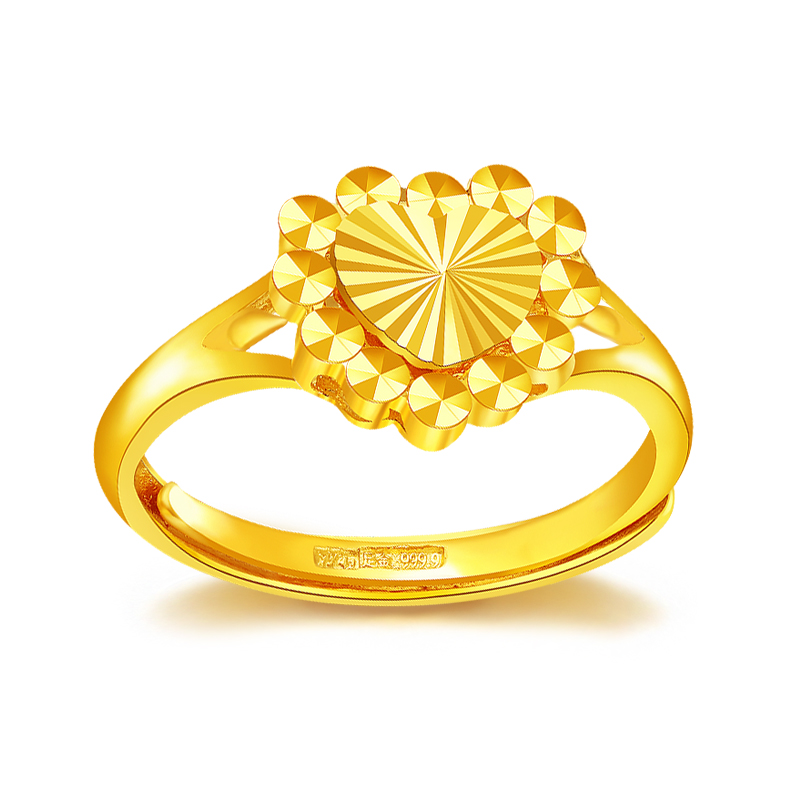 黄金戒指女款足金9999心形活口爱心仿钻指环手饰