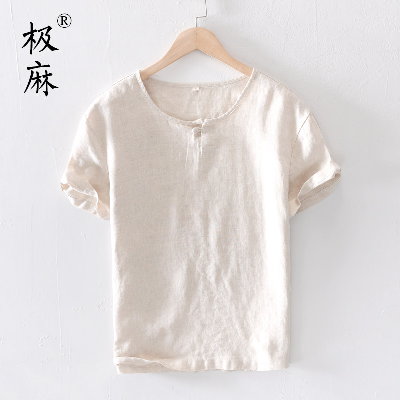 极麻盘扣圆领大码短袖亚麻T恤男士日系休闲透气文艺宽松棉麻汗衫