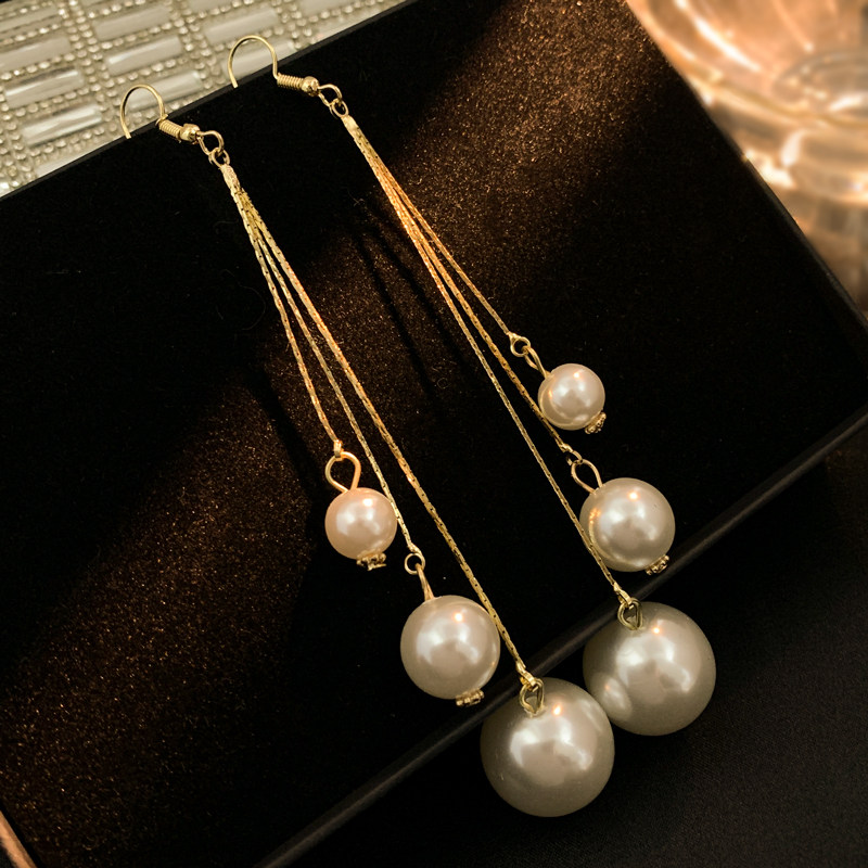 大小小珍珠耳环女长款流苏韩国气质新款个性百搭耳环