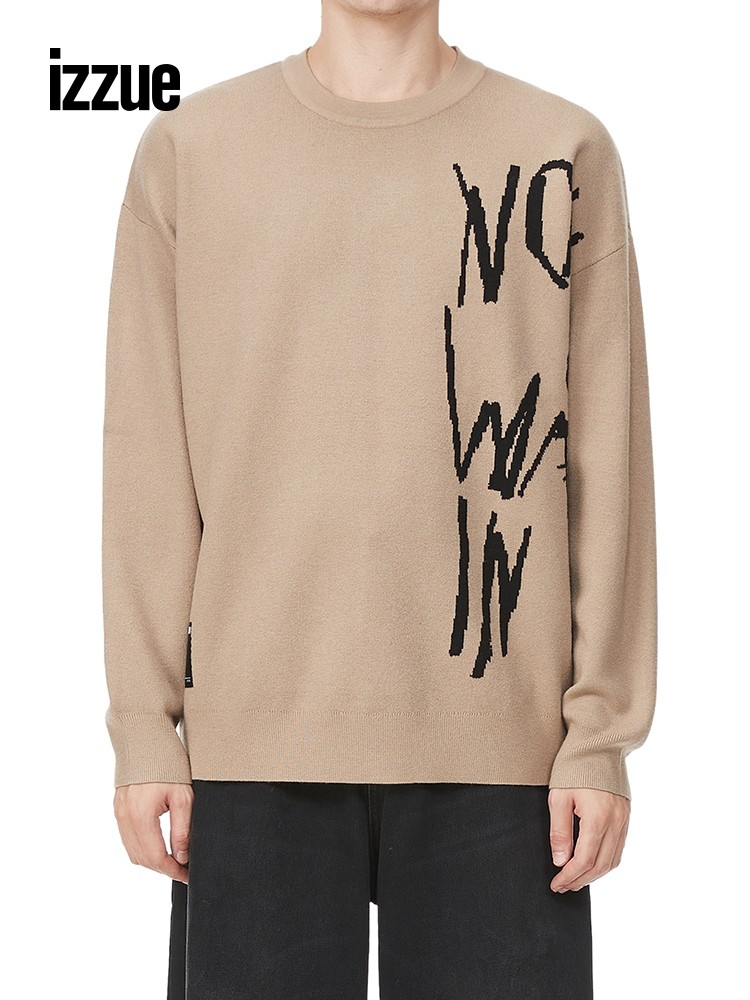 izzue男装圆领针织衫2022冬季新品潮流标语嵌花薄毛衣4139f2j-izzue