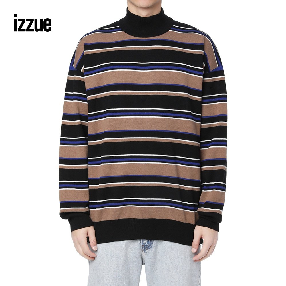 izzue男装针织毛衣冬季潮流高领条纹侧边拉链针织衫