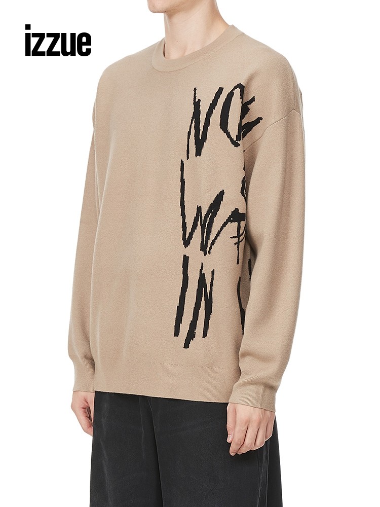 izzue男装圆领针织衫2022冬季新品潮流标语嵌花薄毛衣4139f2j-izzue