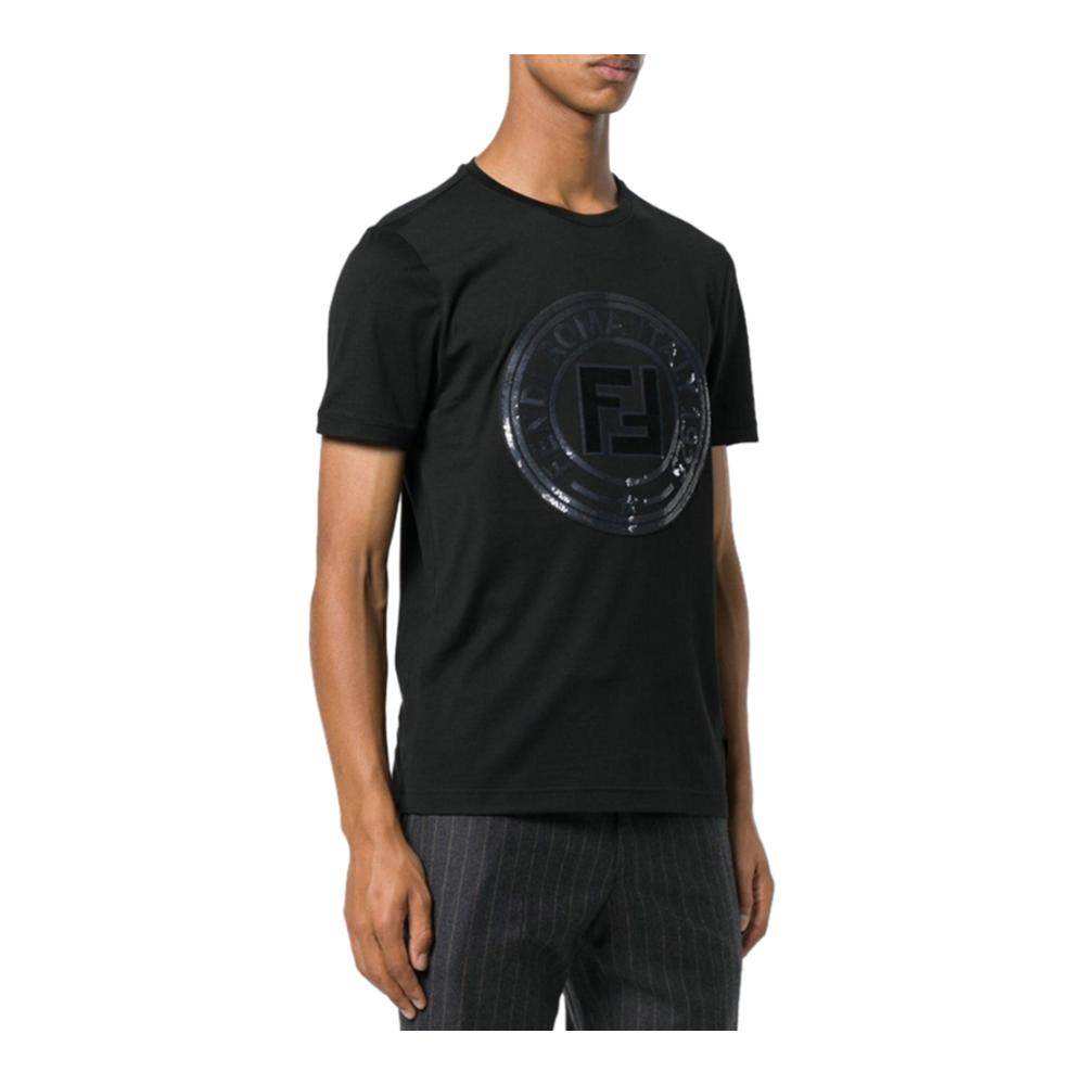 fendi芬迪男士黑色logo亮片刺绣短袖t恤