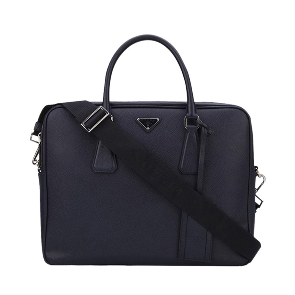 新品上架prada普拉达商务男士深蓝色牛皮公文包三角男士包袋