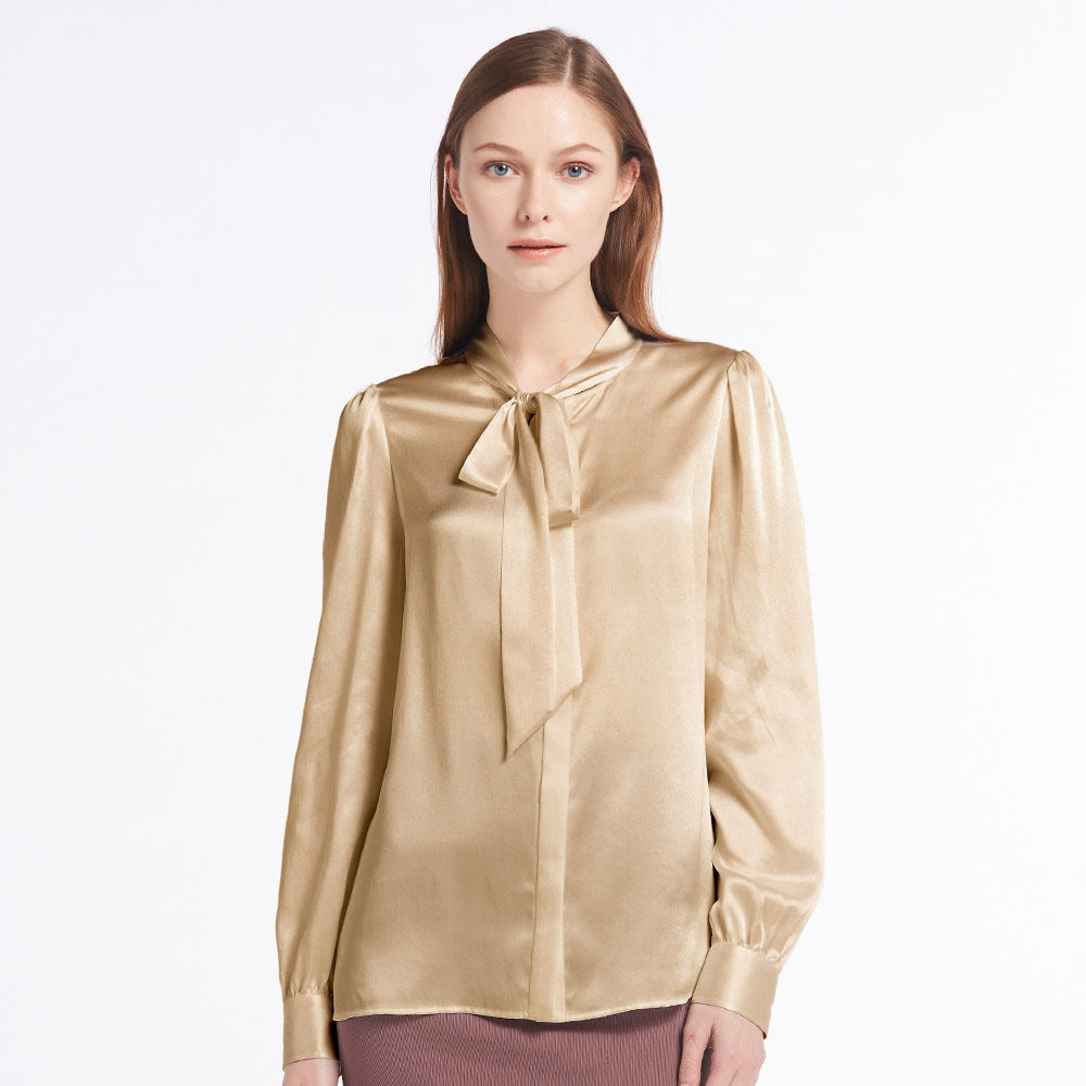 莉莉秀客真丝衬衫长袖100%桑蚕丝丝绸衬衫女纯色上衣蝴蝶结衬衣女