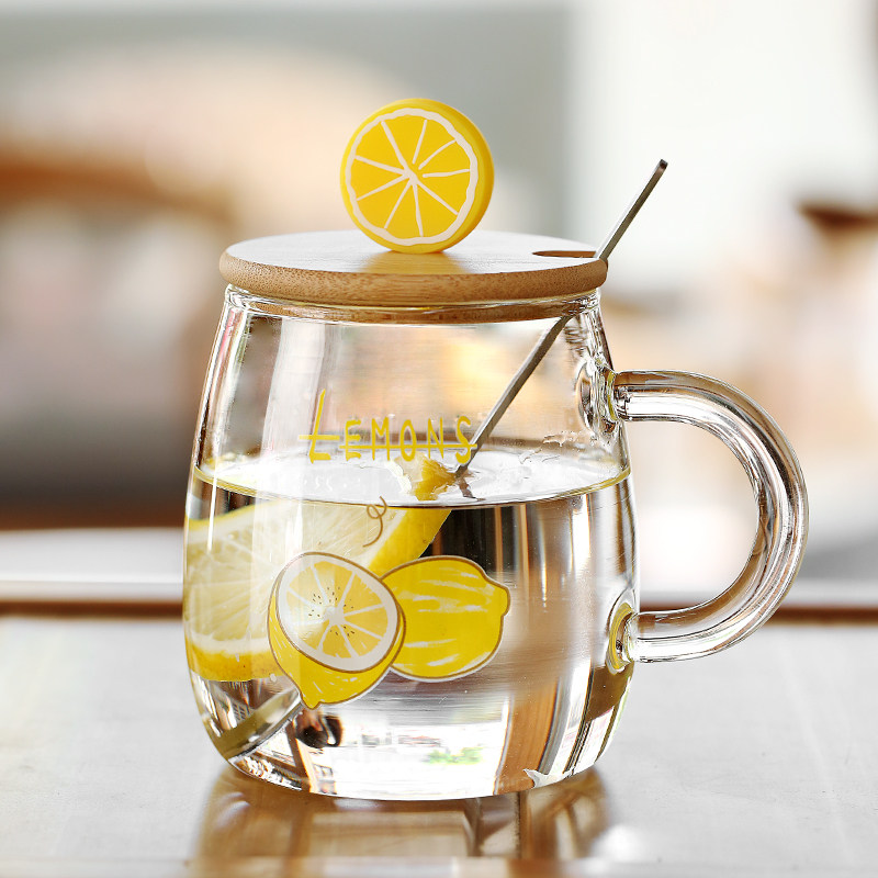 水果柠檬玻璃杯可爱ins风带盖勺牛奶奶杯手柄玻璃杯
