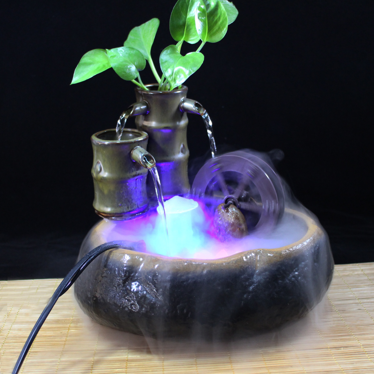 陶瓷风水轮流水摆件桌面小水车办公装饰招财室内喷泉鱼缸加湿器