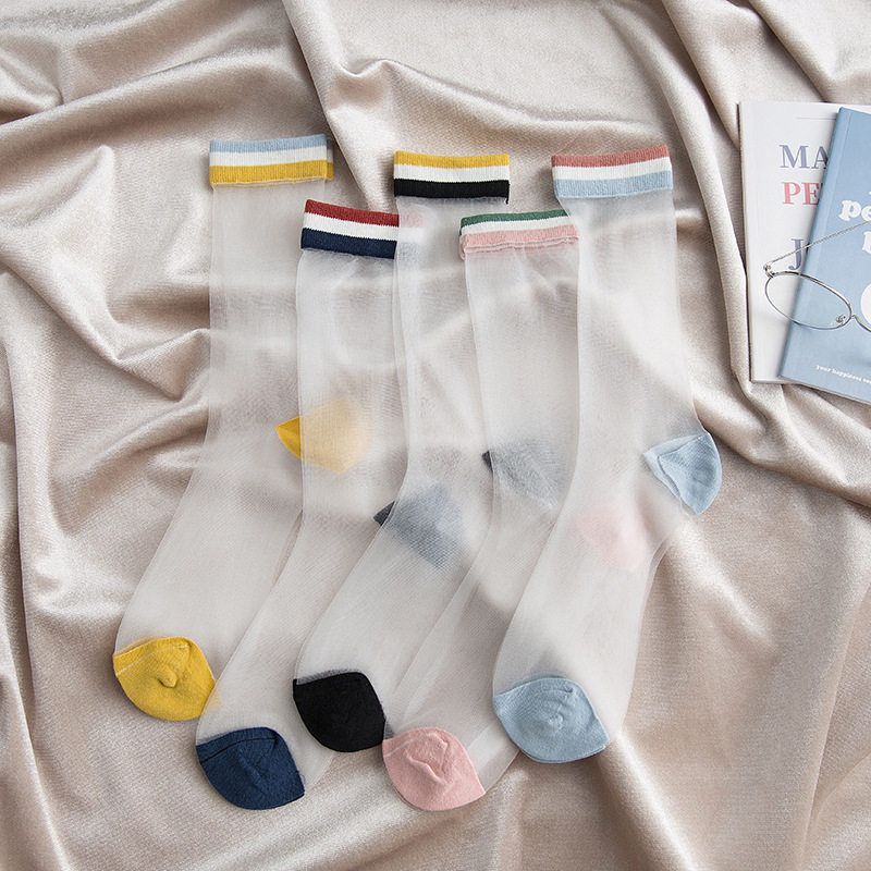 玻璃丝女袜子春夏超薄透气彩色条杠防晒防勾丝中筒袜日系原宿学生