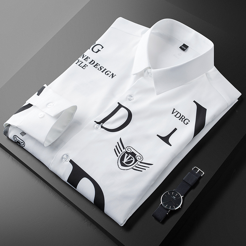 简欧轻奢春秋抗皱潮牌白色男衬衫长袖修身印花字母寸衫帅气男衬衣