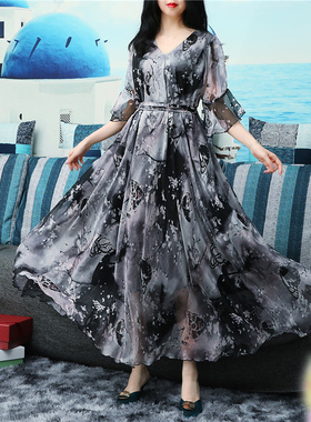 2022夏季新款雪纺新中式连衣裙碎花大码宽松胖妹妹显瘦国风长裙夏清月