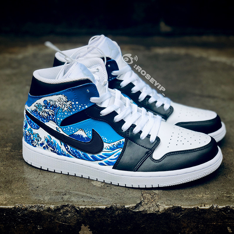球鞋定制aj1冲浪浪里神奈川配色乔一彩绘浮世绘手绘鞋
