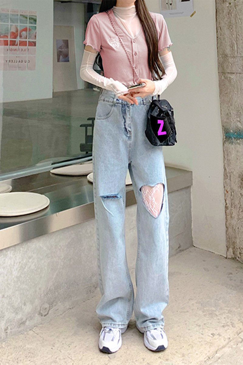 爱心破洞牛仔裤女胖mm2021高腰显瘦百搭裤子配白牛仔裤
