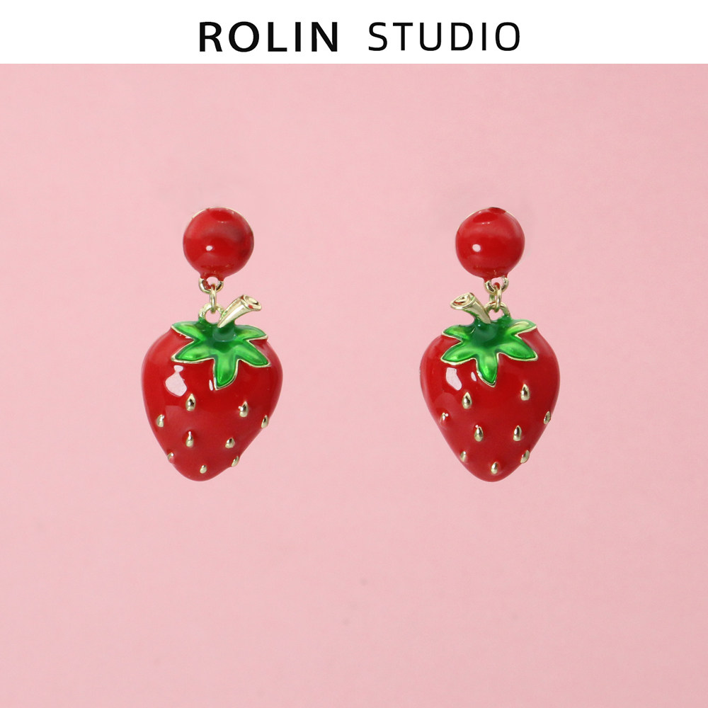 rolin清新个性红色草莓耳环天然淡水珍珠蚊香耳环