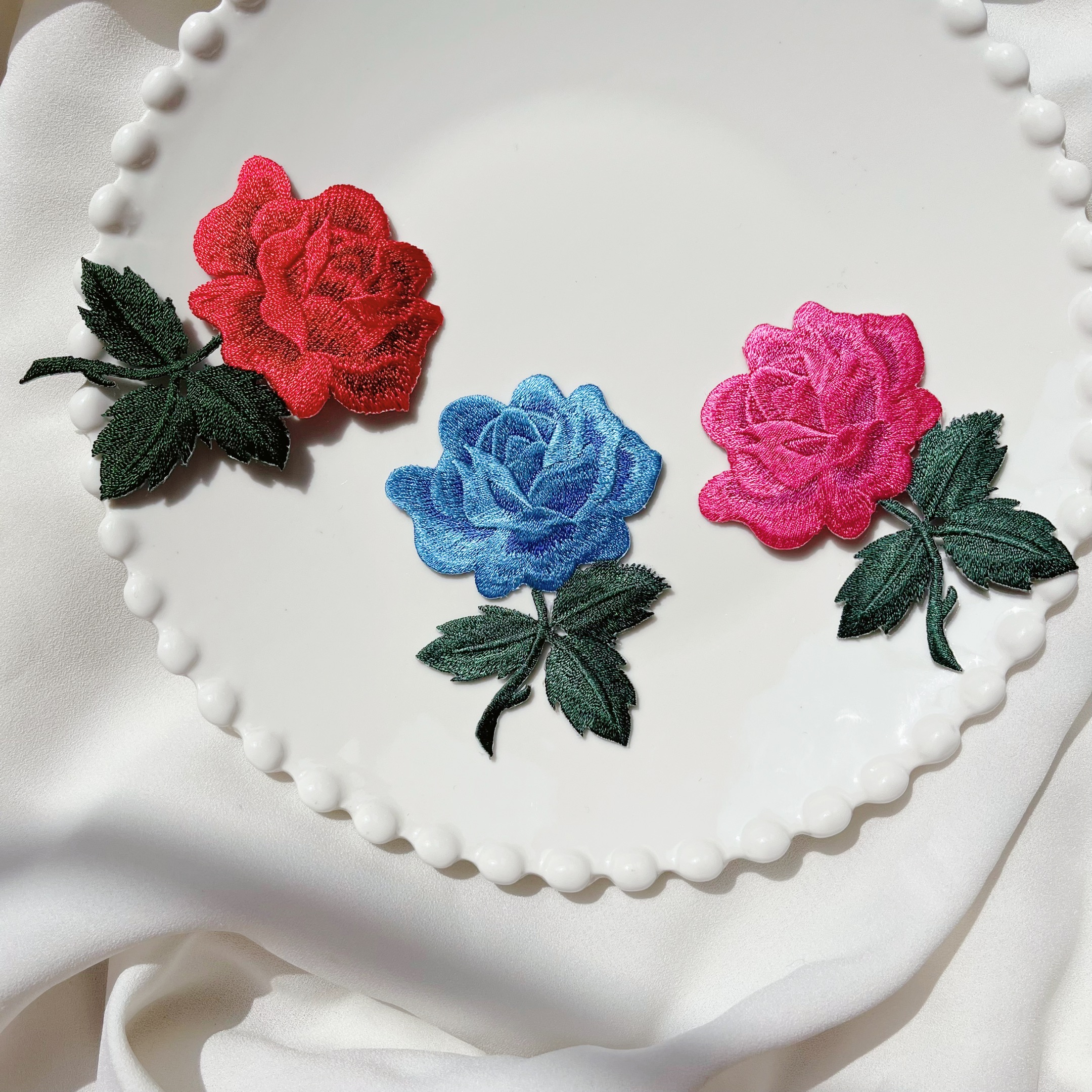 水溶玫瑰花刺绣布贴民族风旗袍汉服羽绒服diy辅料布贴