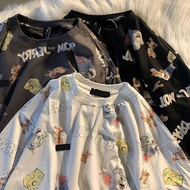 夏季ins美式涂鸦猫和老鼠短袖t恤男女潮大码古着bf宽松学生上衣潮